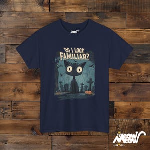 Spooky Black Cat Halloween T-Shirt: Unisex Witch Cat Tee Navy