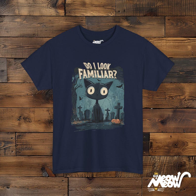 Spooky Black Cat Halloween T-Shirt: Unisex Witch Cat Tee Navy