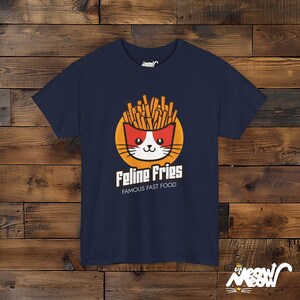 Feline Fries T-Shirt: Funny Cat Fast Food Tee Navy