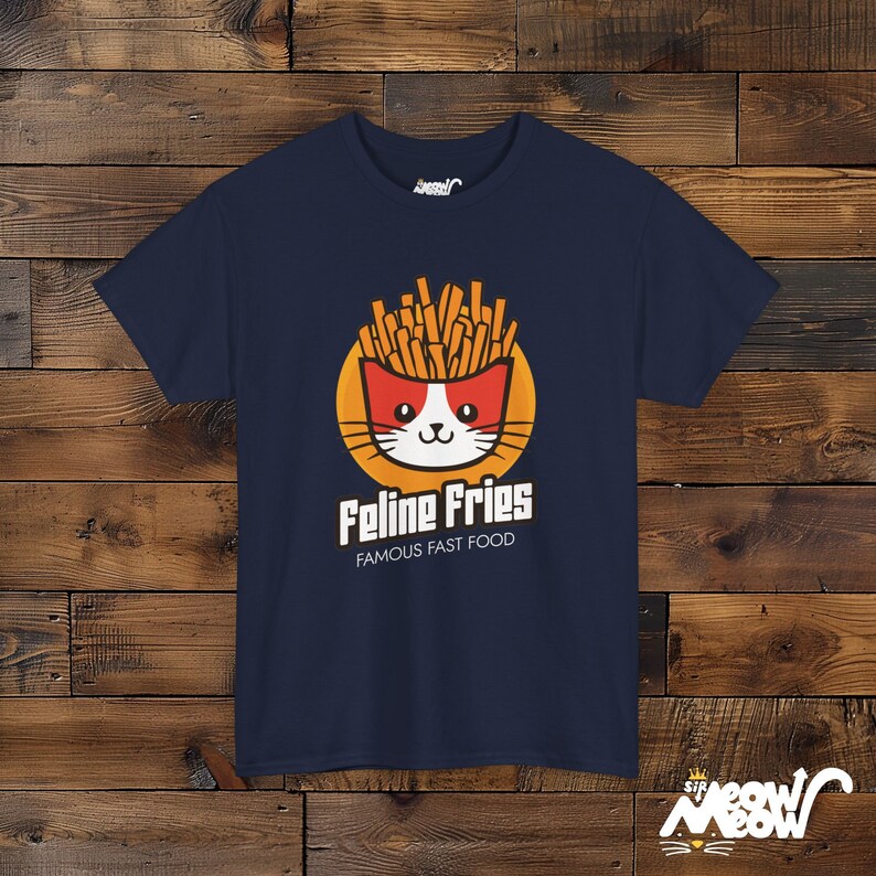 Feline Fries T-Shirt: Funny Cat Fast Food Tee Navy