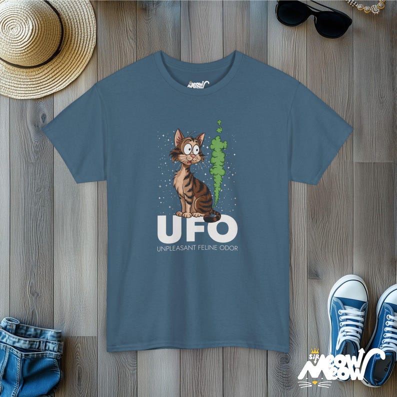 Funny Cat Graphic T-Shirt: UFO Unpleasant Feline Odor Tee Indigo Blue