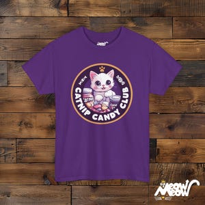 Catnip Candy Club T-Shirt - Funny Cat Lover Gift - Whimsical Kitten Design Purple
