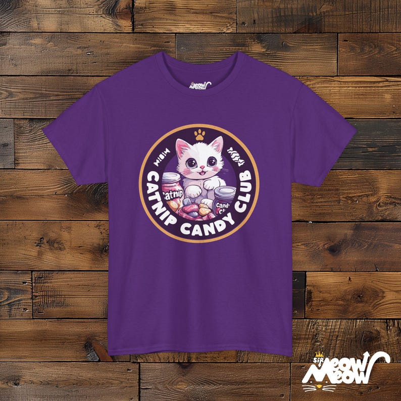 Catnip Candy Club T-Shirt - Funny Cat Lover Gift - Whimsical Kitten Design Purple