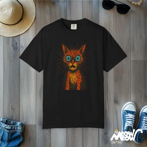 Retro Woodcut Cat T-Shirt: Scruffy Comfort Colors Tee Black