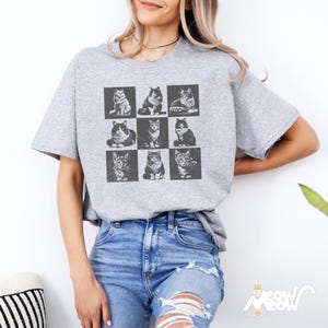 Retro Cat Grid T-Shirt: Vintage Style Graphic Tee Sport Grey