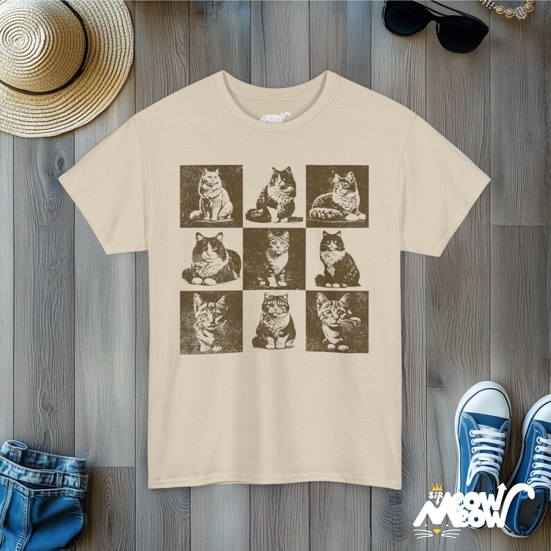 Retro Cat Grid T-Shirt: Vintage Style Graphic Tee Sand