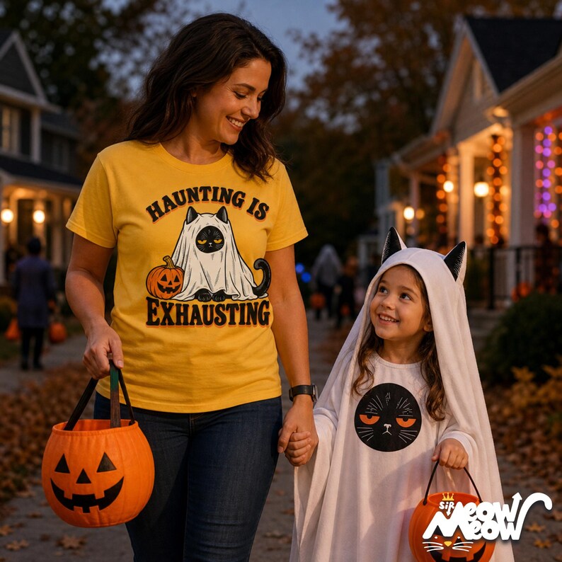 Funny Cat Ghost Shirt, Haunting Is Exhausting Halloween Tee, Retro Spooky Season Gift image 3