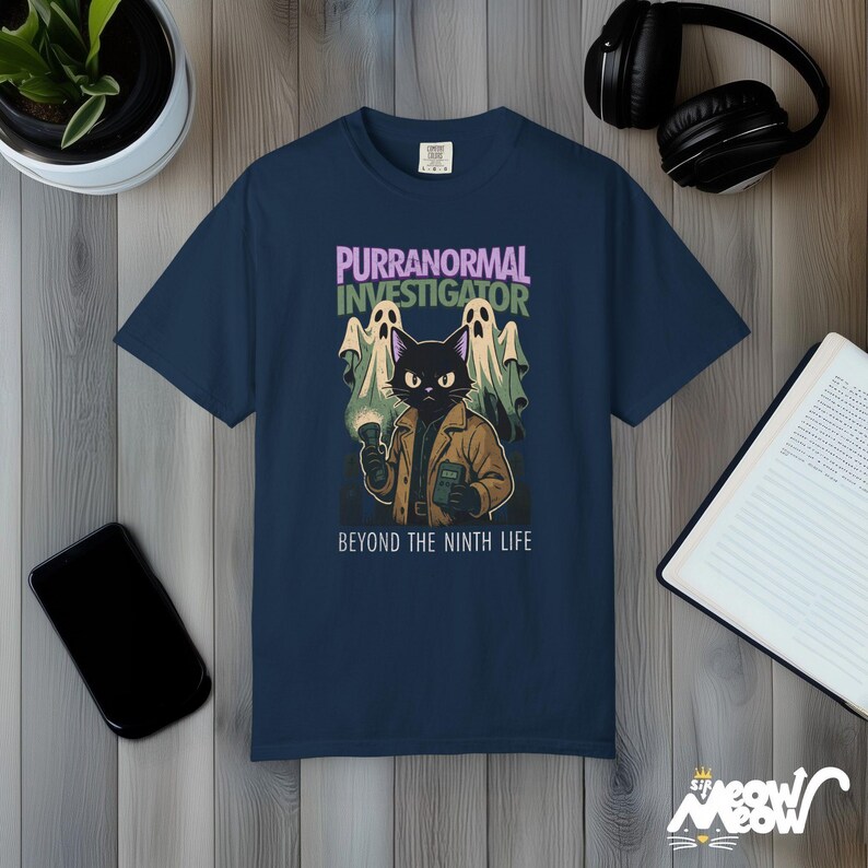 Purranormal Investigator T-Shirt Comfort Colors, Comic-Style Ghost Hunter Cat Tee, Beyond the Ninth Life True Navy
