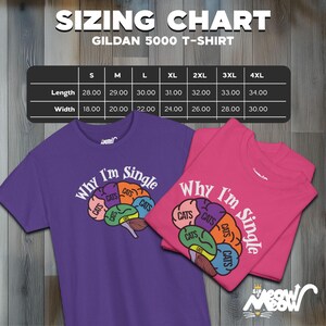 May include: Two t-shirts with a graphic of a brain with the word "CATS" in each lobe. The text on the shirts reads "Why I'm Single". The shirts are purple and pink. A sizing chart is shown with measurements in inches.