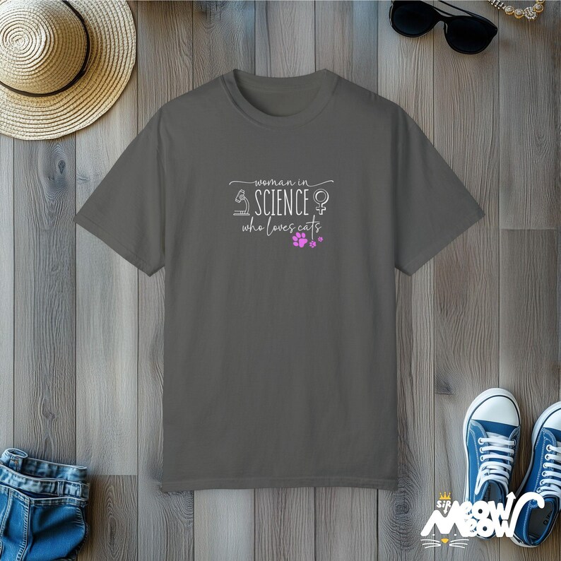 Woman in Science Cat Lover T-Shirt: Empowering STEM Tee Pepper