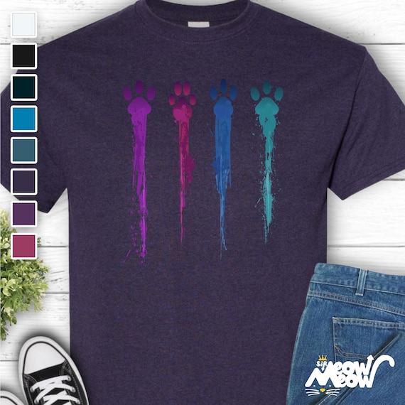 Colorful Paw Prints T-Shirt: Dripping Paint Splatter Cat Lover Tee