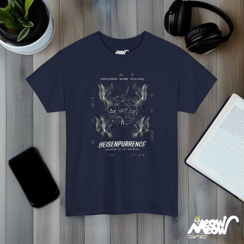 Heisenpurrence Heisenberg Cat Physics T-Shirt, Quantum Uncertainty Tee Navy