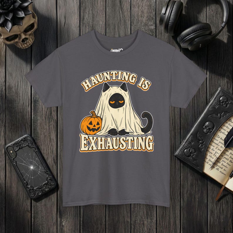 Funny Cat Ghost Shirt, Haunting Is Exhausting Halloween Tee, Retro Spooky Season Gift Charcoal