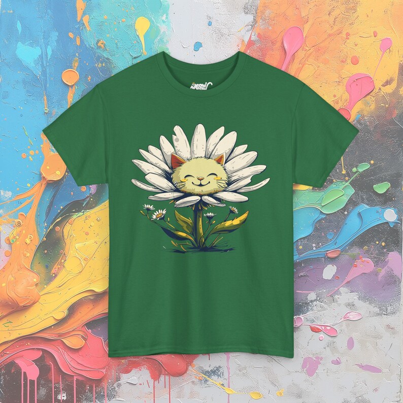 サンシャインデイジーキャットTシャツ：ハッピーネコフラワーTシャツ Turf Green