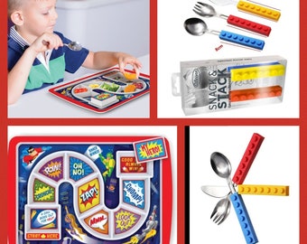 New Superhero OT Picky Eater Encouragement Plate and Lego Cutlery Set