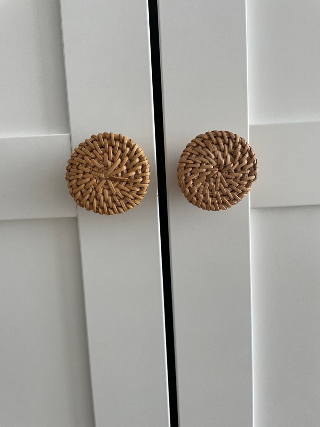 Round Wooden Dresser Knobs, Solid Wood Pulls, Minimalist Rattan