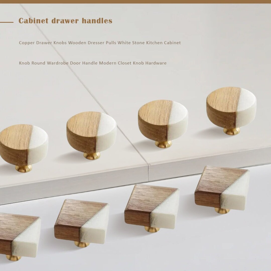 White Stone Wooden Dresser Knobs, Solid Wood Pulls, Minimalist