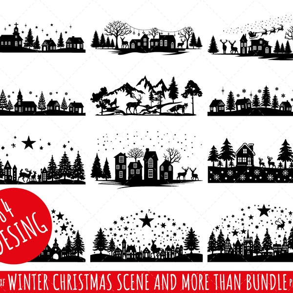 84 Winter Christmas Scene SVG, Winter Scene SVG, Magical Christmas Scene, Santa Reindeer SVG, Christmas Svg Bundle, Deer Svg, pine Tree Svg.