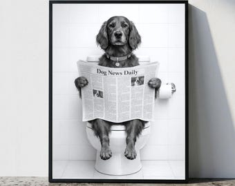 May include: A black and white framed wall art print featuring a dog sitting on a white toilet, holding a newspaper titled Dog News Daily. The dog has long ears and wears a collar with a circular tag. The background is a white tiled wall.