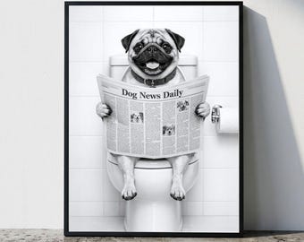 Mops väggkonst, rolig badrumsdekor, mops i toaletten, djur i toaletten, djuraffärskonst, hundkonst, mopspresent, utskrivbar digital nedladdning