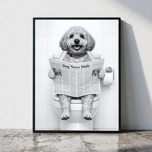 Sztuka ścienna z Cockapoo, zabawny wystrój łazienki, Cockapoo w toalecie, zwierzę w toalecie, sztuka w sklepie zoologicznym, sztuka z psami, prezent dla psa, do pobrania w wersji cyfrowej