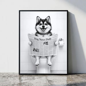 May include: A black and white framed wall art print featuring a fluffy dog with black and white fur sitting on a white toilet. The dog is holding a newspaper titled Dog News Daily with its paws. The background consists of white square wall tiles.