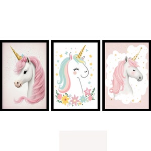 Set Of 3 Unicorns Children&#39;s Wall Art Prints, Girl&#39;s Room Nursery Wall Art Decor, Printable Digital Download, Toddler Room Decor