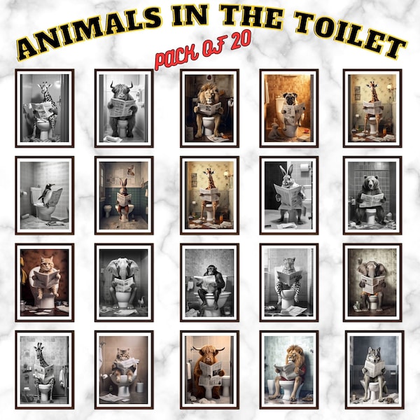 Animals Reading Newspaper in the Toilet, Bundle of 20, Funny Bathroom Wall Decor, Funny Animal Print, Animal in toilet, Digital Download