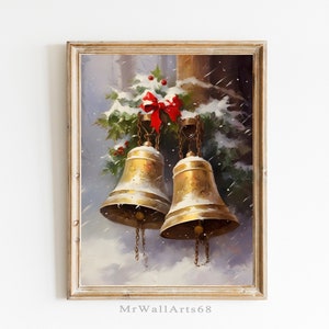 Vintage Christmas Jingle Bells, Christmas Print, Christmas Brass Bells, Christmas Wall Art Winter Print, Christmas Printable Holiday Decor