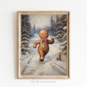 Cute Vintage Christmas Wall Art, Gingerbread Man Print, Christmas Oil Painting, Printable Christmas Wall Art, Snowy Winter Print