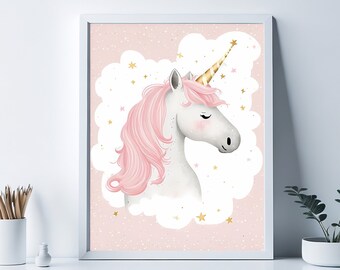 May include: A white unicorn with a pink mane and a gold horn on a pink background with gold stars.