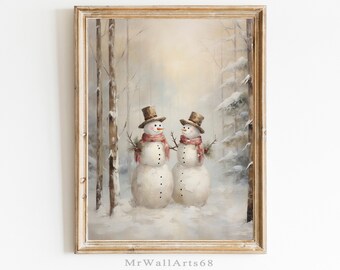 Familie kerstsneeuwpop, kunst aan de muur kerst, afdrukbare sneeuwpop, vintage kerst, kerstdecor, bosmuurkunst, vintage winterkunst