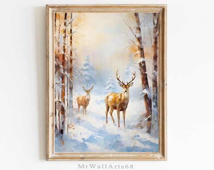Snowy Forest Wall Art Deer Painting Christmas Wall Art Printable Rustic ...