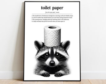 Toiletpapier definitie afdrukken, wasbeer kunst, badkamer cadeau, badkamer afdrukbaar, badkamer offerte afdrukken, wasbeer in toilet, digitale download