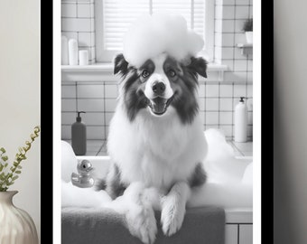 Australian Shepherd Wall Art, Funny Bathroom Decor, Pet Portrait, Dog Art, Australian Shepherd Gift, Dog in Bubble Bath, Digital Download