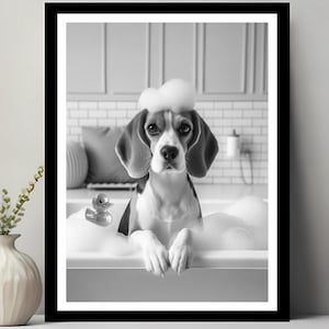 Beagle Wall Art, Funny Bathroom Decor, Pet Portrait, Beagle in Toilet, Dog Art, Beagle Gift, Dog in Bubble Bath, Digital Download
