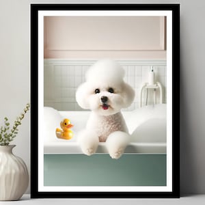Bichon Frise Wall Art, Funny Bathroom Decor, Pet Portrait, Petshop Art, Dog Art, Bichon Frise Gift, Dog in Bubble Bath, Digital Download