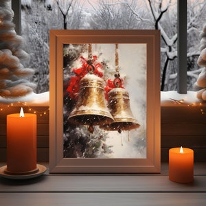 Vintage Christmas Jingle Bells, Christmas Print, Christmas Brass Bells, Christmas Wall Art Winter Print, Seasonal Christmas Decor