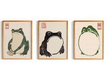 Japanese Set of 3 Frog Prints, Matsumoto Hoji Wall Art, Vintage Wall Art, Japanese Frog Poster, Toad wabi sari wall art, Printable Art