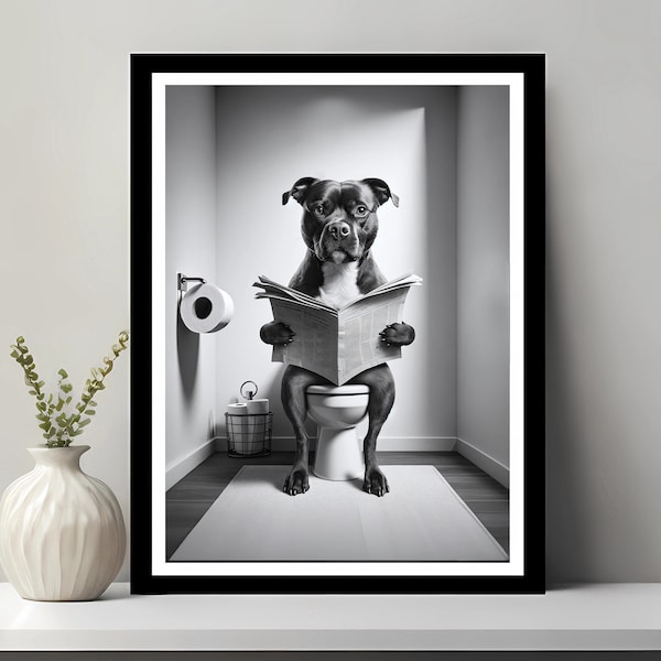 Staffordshire Bull Terrier Wall Art, Funny Bathroom Decor, Terrier dans les toilettes, Animal dans les toilettes, Petshop Art, Dog Art, Téléchargement numérique