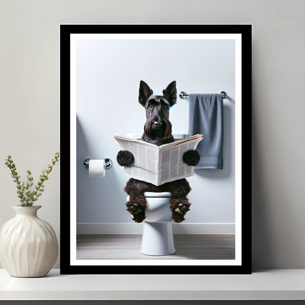 Scottish Terrier Kunst, lustiges Badezimmer Dekor, Hund in Toilette, Tier in Toilette, Scottish Terrier Geschenk, Kinder Badezimmer Wandkunst, digitaler Download