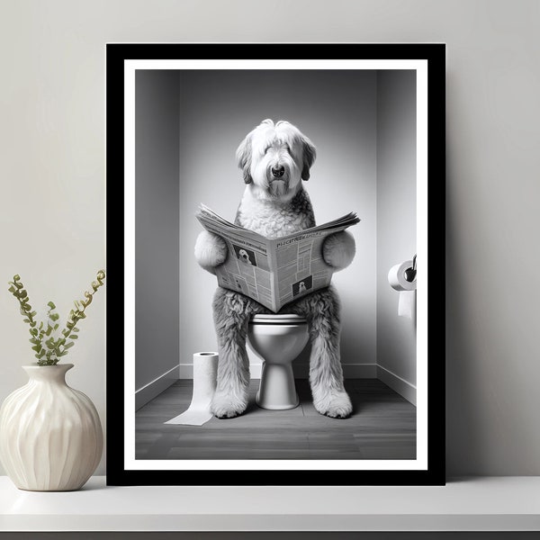 Old English Sheepdog Wall Art, Funny Bathroom Decor, Dog in Toilet, Animal in toilet, Petshop Art, Dog Art, Dog Gift, Digital Download