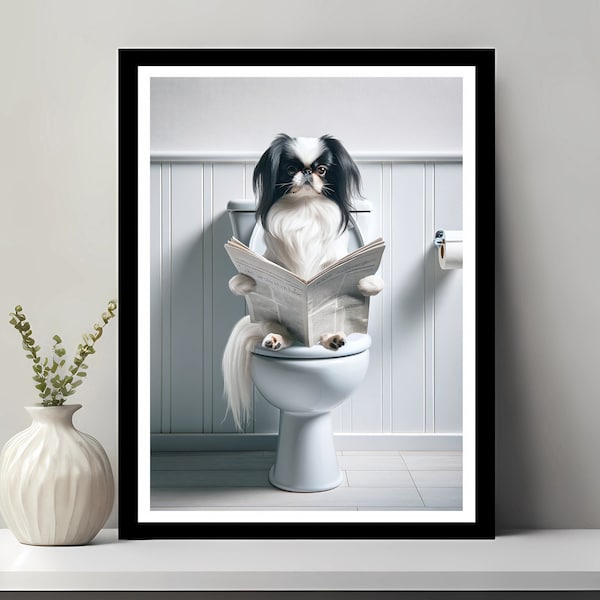 Japanese Chin Wall Art, Funny Bathroom Decor, Dog in Toilet, Animal in toilet, Petshop Art, Dog Art, Japanese Chin Gift, Digital Download