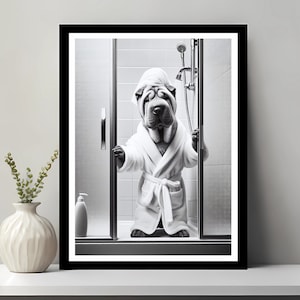 Puede incluir: Una foto en blanco y negro de un perro Shar-Pei con una bata de baño blanca y de pie en una cabina de ducha.