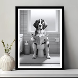 May include: A black and white photograph of a dog sitting on a toilet and reading a newspaper. The dog has a serious expression.