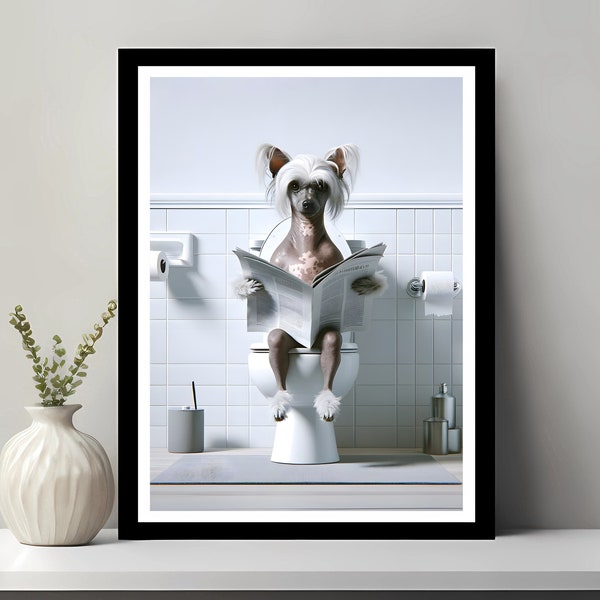 Chinese Crested Wall Art, Funny Bathroom Decor, Chinese Crested in Toilet, Animal in toilet, Petshop Art, Dog Art, Chinese Crested Gift