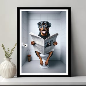 Rottweiler kunst aan de muur, grappig badkamer decor, rottweiler in toilet, dier in toilet, dierenwinkel kunst, Rottweiler hond cadeau, digitale download