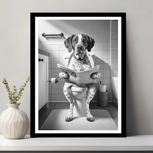 May include: A black and white photo of a dog sitting on a toilet and reading a newspaper. The dog is wearing a serious expression and has a newspaper in its paws.