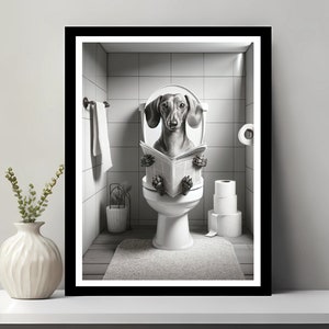 Arte de pared Dachshund, decoración divertida del baño, perro Dachshund en el baño, animal en el baño, arte de tienda de mascotas, arte del perro, regalo Dachshund, descarga digital