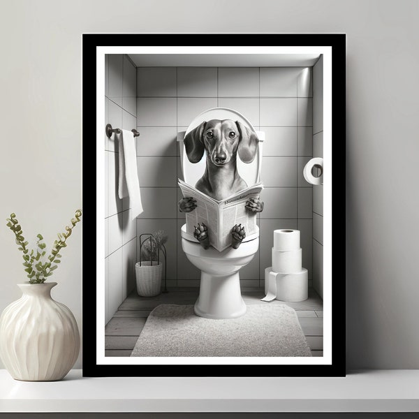 Arte della parete bassotto, arredamento bagno divertente, cane bassotto nella toilette, animale nella toilette, arte del negozio di animali, arte del cane, regalo bassotto, download digitale